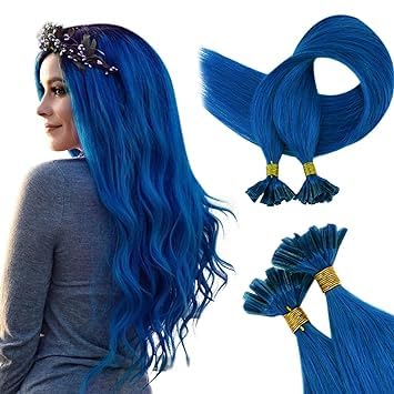 RUNATURE U Tip Hair Extensions Human Hair Colored Blue 20 Inch Long Pre Bonded Utips Real Hair Extensions for Kids Party Blue Highlight Keratin U Tips Remy Hair Extensions Invisible 25g 25 Strands