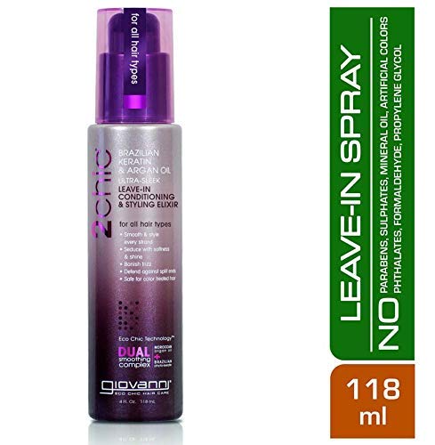 GIOVANNI 2chic Ultra-Sleek Leave-In Conditioning & Styling Elixir - Phyto-Keratin & Argan Oil, Anti-Frizz Formula, Coconut, Shea Butter, Pro-Vitamin B5, Color Safe, Paraben Free - 4 oz