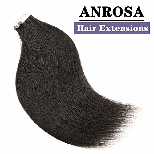 Anrosa Light Yaki Straight Tape in Hair Extensions Double Sided 16 Inch Yaki Tape in Hair Extensions Human Hair Brazilian Invisible #1B Natural Black 50G 20PCS