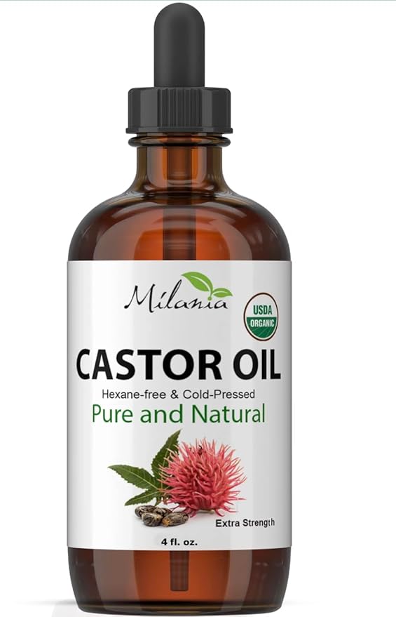 MILANIA Organic Castor Oil - Glass Bottle - Cold Pressed & Hexane-Free (4 fl. oz.)
