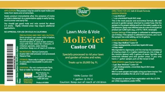 Baar Products - MolEvict Lawn Mole Castor Oil - Lawn & Garden Protection - Up to 20,000 Sq. Ft. of Coverage - 1 Gallon