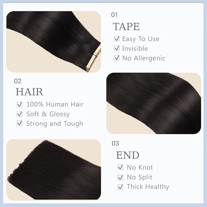 Tape In Hair Extensions 20 Inch Color #1 Straight Hair Extensions HuxoWax Double Weft VirgIn Soft And Silky Remy Invisible Natural Color
