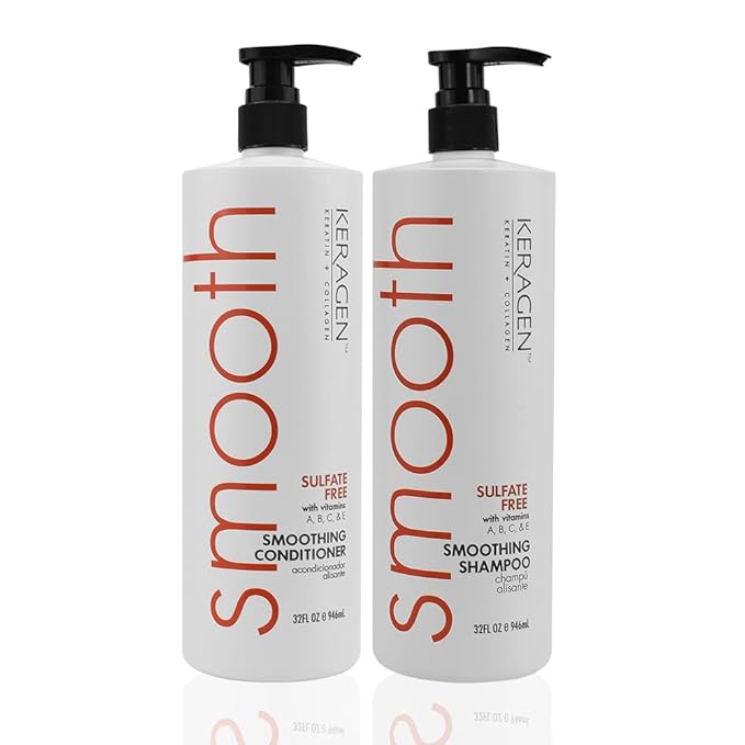 Keragen - Smoothing Shampoo and Conditioner with Keratin and Collagen for All Hair Types, Sulfate Free, 32 Oz - Moisturizes, Strengthens, Protects Color and Repair - Panthenol
