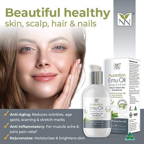 Y-Not Natural Ultra Pure Australian Emu Oil - Luxury, Hospital Grade Emu Oil 200mL | Free Range Aboriginal Omega 3, 6 & 9 Oil Infused with Green Tea - The Ultimate Moisturizer for Skin, Hair, Nails, and Scalp