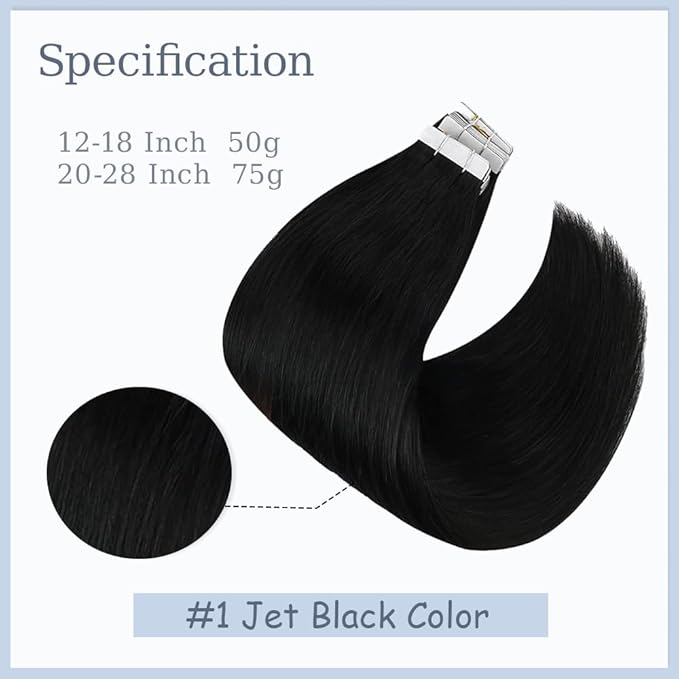 Tape In Hair Extensions 20 Inch Color #1 Straight Hair Extensions HuxoWax Double Weft VirgIn Soft And Silky Remy Invisible Natural Color