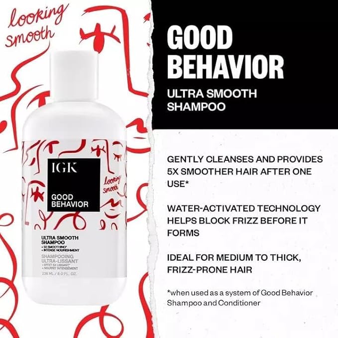 IGK GOOD BEHAVIOR | Ultra Smooth Shampoo (8 Oz) + Spirulina Protein Spray (5.6 Oz) | Frizz Control + Hydrates + Shine | Vegan + Cruelty-Free |