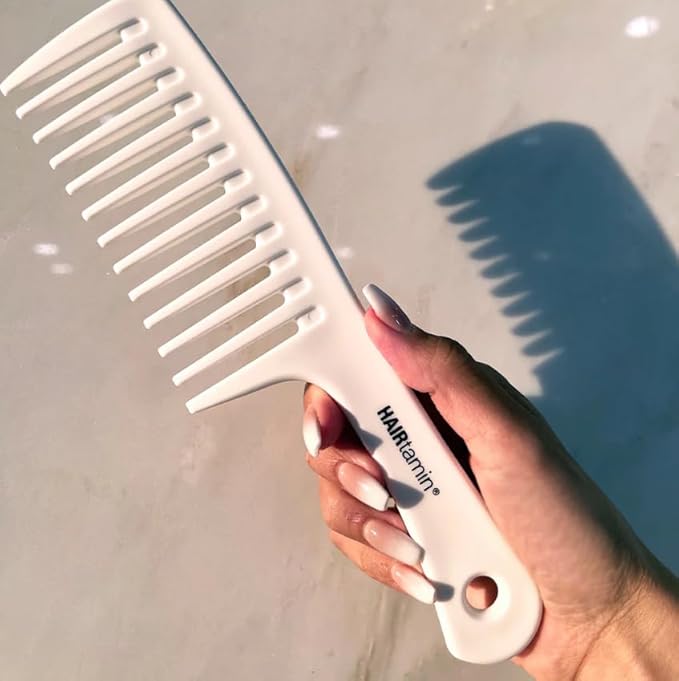 HAIRtamin Wide Tooth Comb Detangler for All Hair Types and Lengths | Pain-Free Detangling Brush for Adults & Kids - Plastic, White, 1 Count