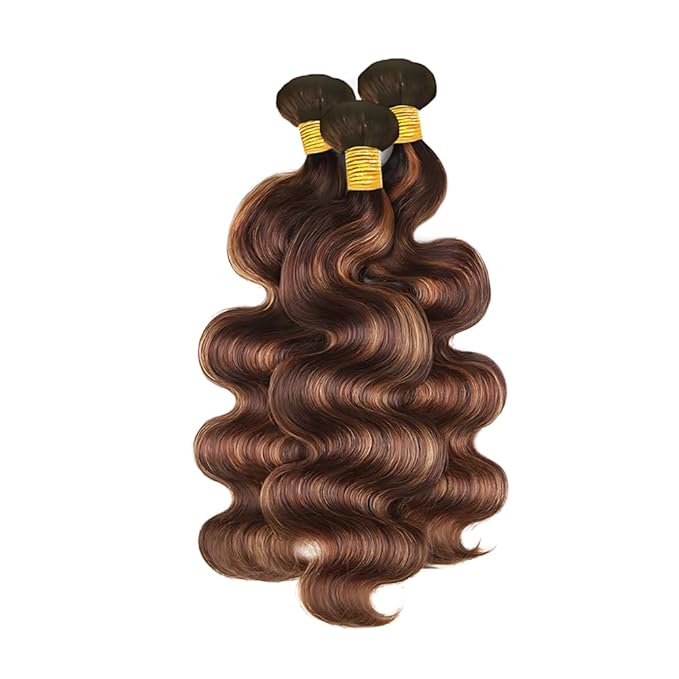 P430 Highlight Body Wave Bundles 10 12 14 Inch Human Hair Chocolate Brown and Brown Bundles Mix Two Tone Double Weft Weave Brazilian Human Hair Extensions Silky and Soft