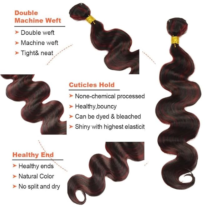 Highlight Human Hair Bundles Burgundy Body Wave Bundles 26 26 26 Inch 2 Tone Red and Black Bundle Grade 8A Peruvian Virgin Remy Hair Extensions