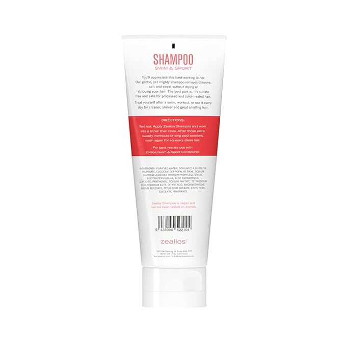 Zealios Sport Clarifying Shampoo, 8 oz Squeeze Tube for Extremely Damaged Hair, Pool Hair Repair & Protector - Sulfate-Free, Moisturizing Chlorine & Salt Removal, Color-Safe, Citrus Scent for Swimmers