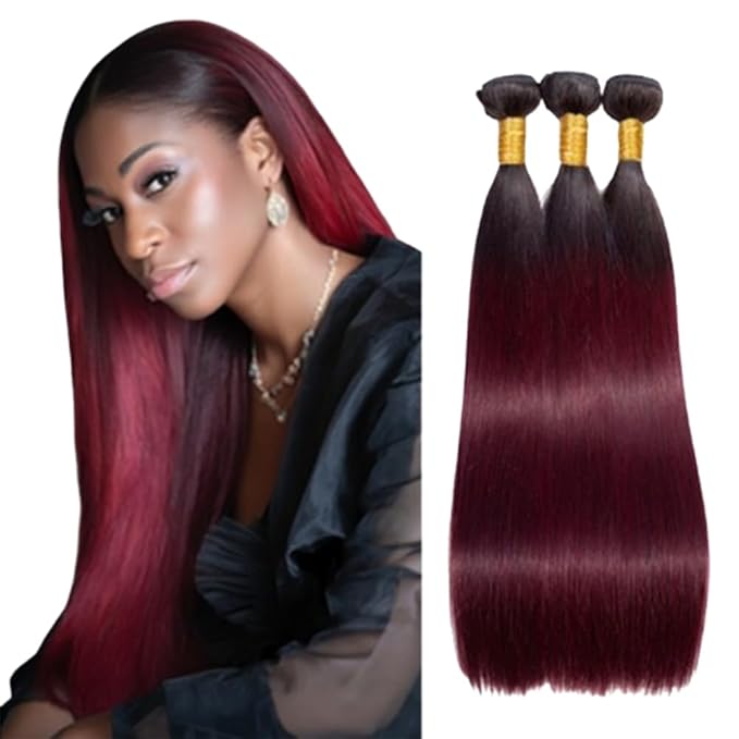 Color 1B99j Straight Bundles #1B Mixed With 99j Straight Bundles two tone Brazilian Hair Extensions Soft and Silky for Women 22 24 26 Inch