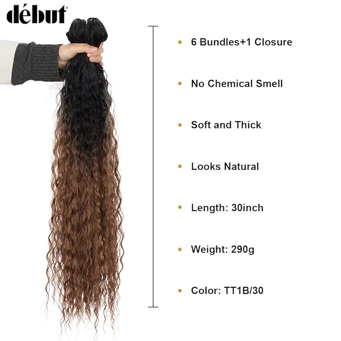 DÉBUT 30 Inch Synthetic Hair Bundles Water Wave 6 Bundles with Closure High Temperature Weaving Hair Extensions 290g for Full Head Heat Resistant Deep Curly Hair 7PCS TT1B/30 Dark Roots with Brown