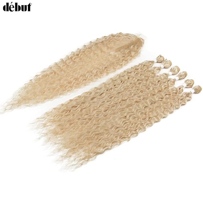 DÉBUT 30 Inch Synthetic Hair Bundles Water Wave 6 Bundles with Closure High Temperature Weaving Hair Extensions 290g for Full Head Heat Resistant Deep Curly Hair 7PCS 613 Blonde