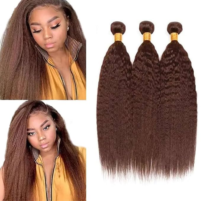 #4 Brown Bundles Human Hair Yaki Straight Bundles 20 22 24 Inch Human Hair Weave 3 Bundle Unprocessed Brazilian Virgin Hair Dark Brown Kinky Straight Human Hair Extensions 50 Grams/Bundle