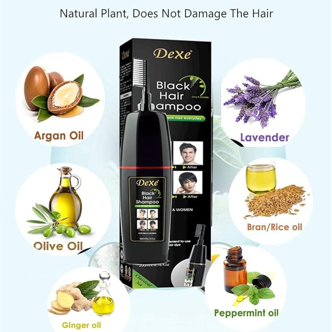 Instant Black Hair Shampoo, gentle botanical formula - ammonia free - unisex hair color shampoo - quick and easy - lasts 30 days 3-in-1 black hair color (200ml Bottle)