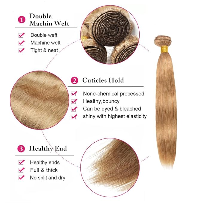 #27 Blonde Bundles Human Hair Straight Bundles 26 28 30 Inch Unprocessed Brazilian Virgin Hair Weave 3 Bundle Honey Blonde Human Hair Extensions 50 Grams Per Bundle