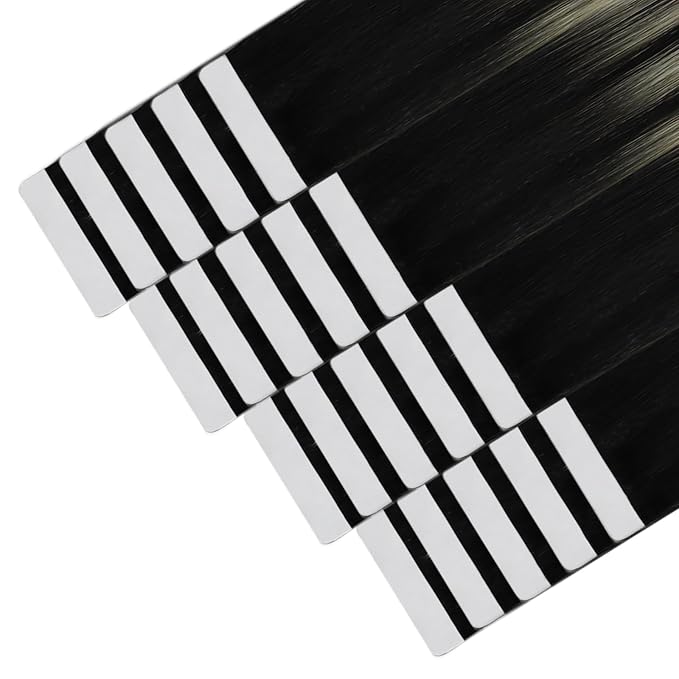 YoungSee Tape in Hair Extensions Human Hair Ombre Seamless Tape in Hair Extensions Human Hair Black Ombre Silver with Black Roots Human Hair Tape ins Reusable 18In 50g 20pcs