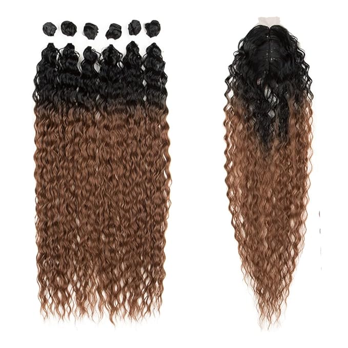 DÉBUT 30 Inch Synthetic Hair Bundles Water Wave 6 Bundles with Closure High Temperature Weaving Hair Extensions 290g for Full Head Heat Resistant Deep Curly Hair 7PCS TT1B/30 Dark Roots with Brown