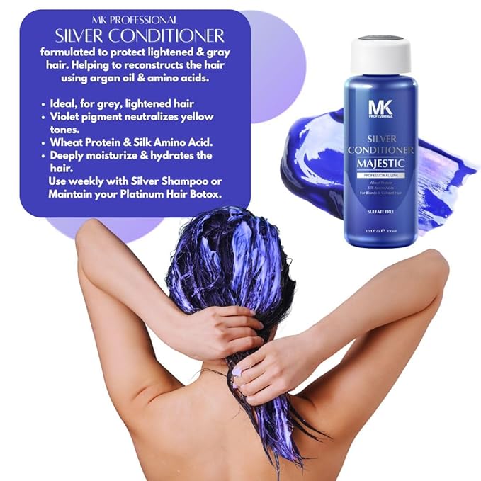 MK PROFESSIONAL Sulphate Free Silver Conditioner, Infused with Wheat Protein & Silk Amino Acids - For Blonde & Colored Hair, Repairs, Strengthens & Nourishes all Hair Types - 10.1 Fl Oz (300ml)