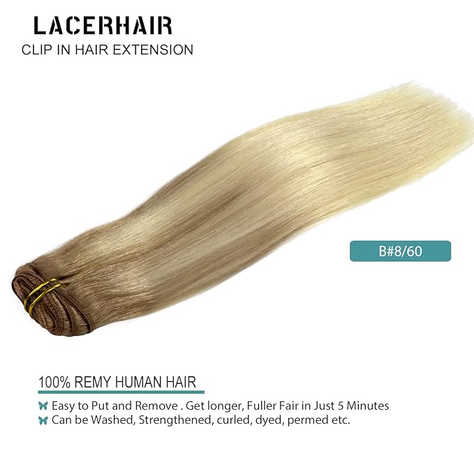 Lacer Balayage Clip in Hair Extensions B#8/60 Light Brown Fading to Platinum Blonde Color Remy Human Hair Extensions Clip in Real Natural Hair Extensions Straight Thick 140g 22 Inch