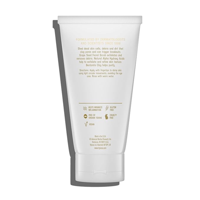 Hylunia Skincare Grape Seed Facial Scrub β Gentle Exfoliating Face Scrub with Ground Grape Seed, Bentonite Clay, and Alpha Hydroxy Acid for smooth, glowing skin and refined pores, 5.1oz