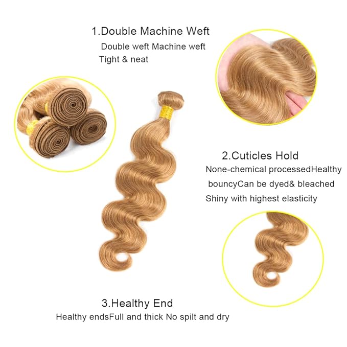#27 Blonde Bundles Body Wave Human Hair Bundles 24 26 28 Inch Unprocessed Brazilian Virgin Hair Weave 3 Bundles Honey Blonde Human Hair Extensions For Woman 50 Grams Per Bundle