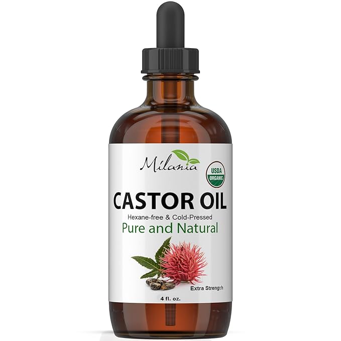MILANIA Organic Castor Oil - Glass Bottle - Cold Pressed & Hexane-Free (4 fl. oz.)