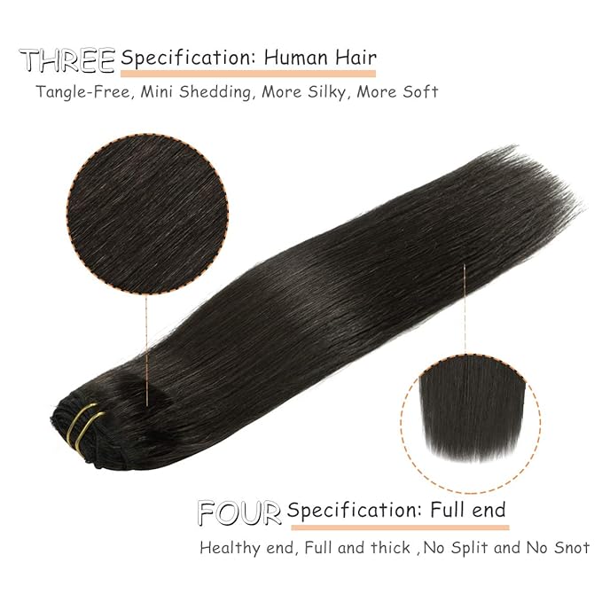 Caliee 16Inch Hair Extensions Clip in Human Hair Color 1B Natural Black Silky Straight Hair Clip in Extensions Seamless Invisible Double Weft Full Head for Woman 120G