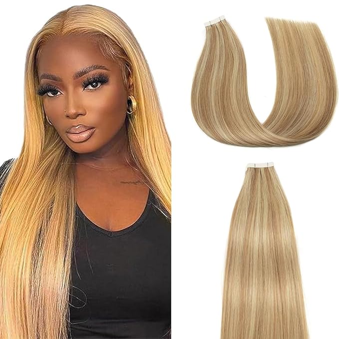 Tape In Hair Extensions 24 Inch HuxoWax P27/613 Straight Hair Extensions Double Weft Highlight Blonde VirgIn Soft And Silky Remy Hair