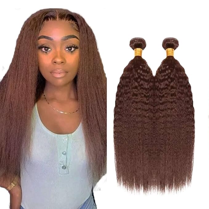 #4 Brown Bundles Human Hair Kinky Straight Bundles 22 24 Inch Human Hair Weave 2 Bundle Unprocessed Brazilian Virgin Hair Chocolate Yaki Straight Human Hair Extensions