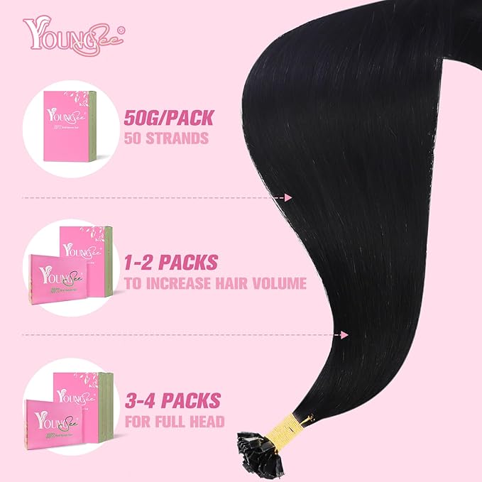 YoungSee Ktip Human Hair Extensions Jet Black 24inch Remy Hair Extensions K Tip Jet Black Keratin Human Hair Extensions Black Soft and Silky K Tip Extensions Long Straight Hair 50s/50g