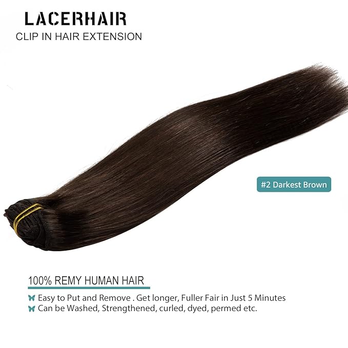 Lacer Clip in Hair Extensions Real Human Hair, Warm Dark Brown 120g 7pcs 16 Inch Real Human Hair Extensions Clip in Straight Remy Hair Extensions for Women