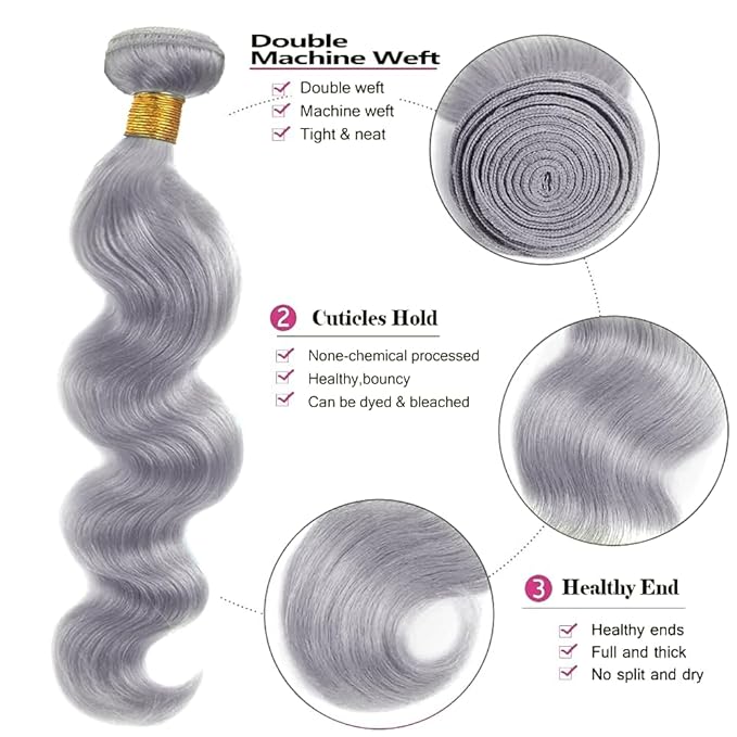 Grey Body Wave Bundle Light Grey Bundles Human Hair Silver Bundle Niegmeag Double Weft Virgin Remy Pure Gray Human Hair Bundle 300g