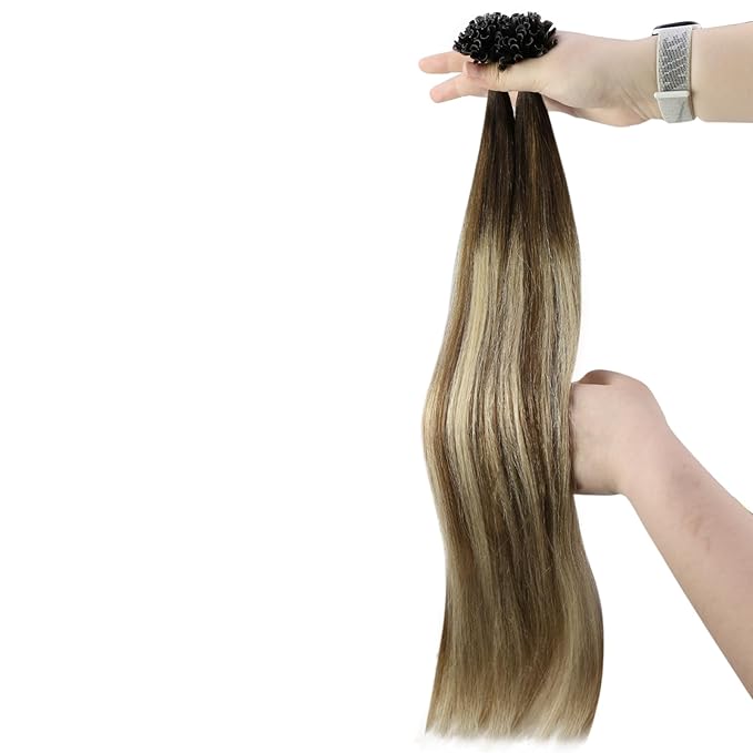 YoungSee Utip Hair Extensions Balayage U Tip Hair Extensions Real Human Hair Ombre Dark Brown to Brown with Blonde Keratin Hair Extensions U Tip Silky U Tips Remy Hair Extensions Straight 16In 50s/50g