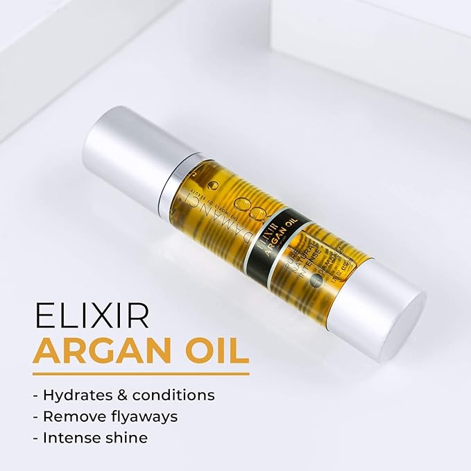 Elixir Argan Oil, Heat Protectant Oil and Leave In Conditioner for Hair Repair, Heal Split Ends and Control Frizz, No Oily Residue (1.7 oz Pack of 2)