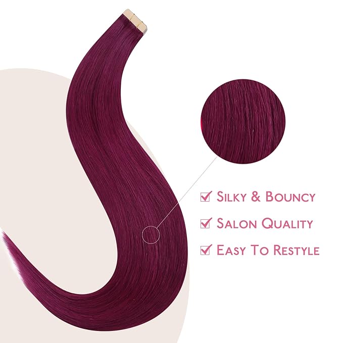 WENNALIFE Tape in Hair Extensions Human Hair Light Burgundy Tape in Extensions, 10pcs 25g 16 inch Remy Invisible Tape Ins Straight Colored Soft Real Human Hair Tape in Extensions Refill Set Extensions
