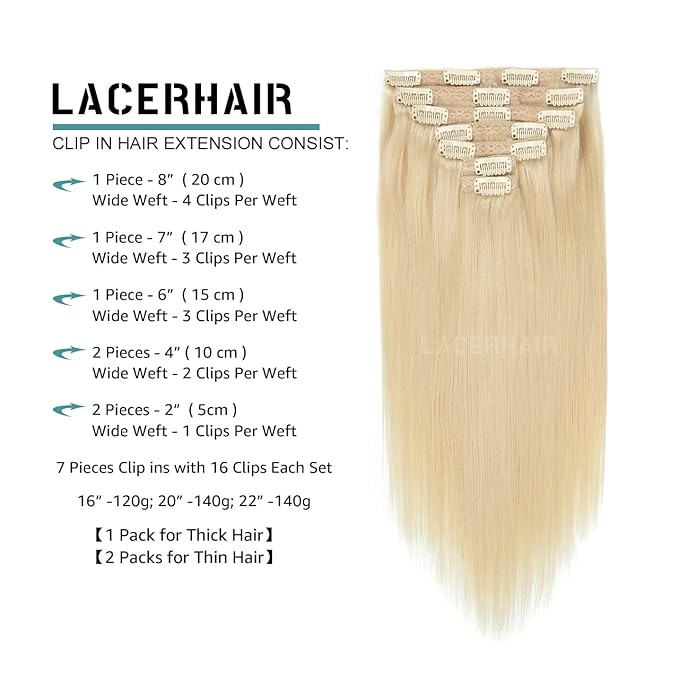 Lacer Hair Extensions 20 Inch Clip in Human Hair LacerHair Thick Lace Clip in Hair Extensions 7pcs Remy Human Hair Platinum Blond Silky Invisible PU Weft 140g