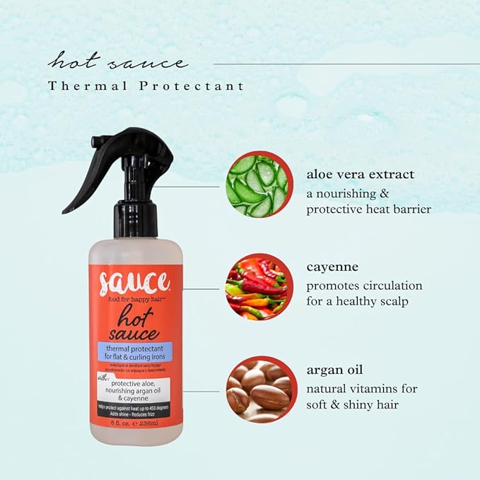 SAUCE BEAUTY Hair Heat Protectant Spray (8 Fl Oz) Hot Sauce Thermal Protectant Spray with Argan Oil, Aloe & Cayenne, Anti Frizz & Adds Shine, Blow Dry & Flat Iron Hair Spray for All Hair Types