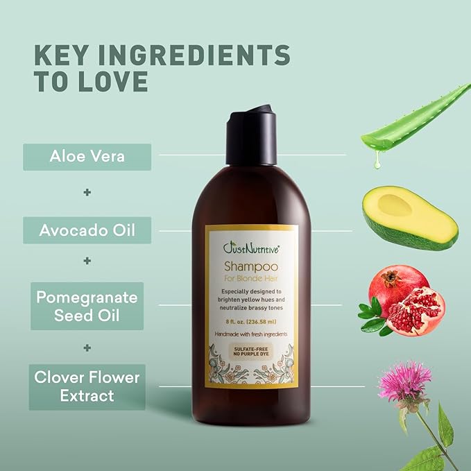 Just Nutritive Shampoo For Blonde Natural & Color-Treated Hair, Neutralize Brassy Tones, No Purple or Blue Shampoo, Paraben Free, Phthalate Free, Silicone Free, 8 oz. Bottle