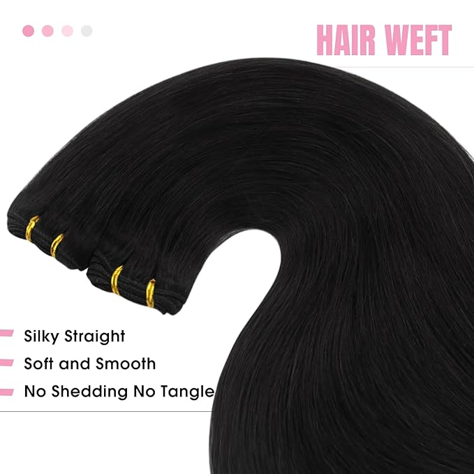 YoungSee 100G Weft Hair Extensions Black Human Hair Weft Extensions Jet Black Sew in Hair Extensions Real Human Hair Black Soft and Silky Weft Hair Extensions Human Hair 14Inch
