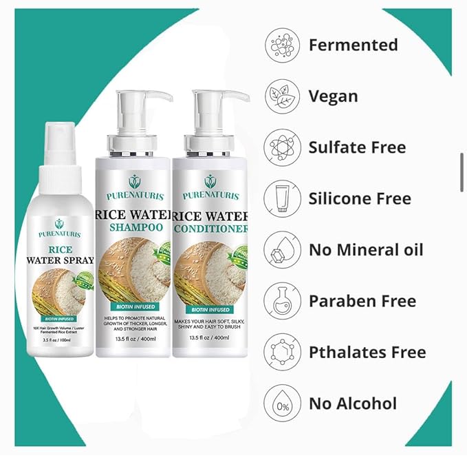 Rosemary Rice Water Shampoo Conditioner & leave-in Spray for Hair Growth Repair System Kit, w/Rosemary, Biotin, Caffeine, Sulfate Free Routine Shampoo for Women Men Hair Loss Thickening