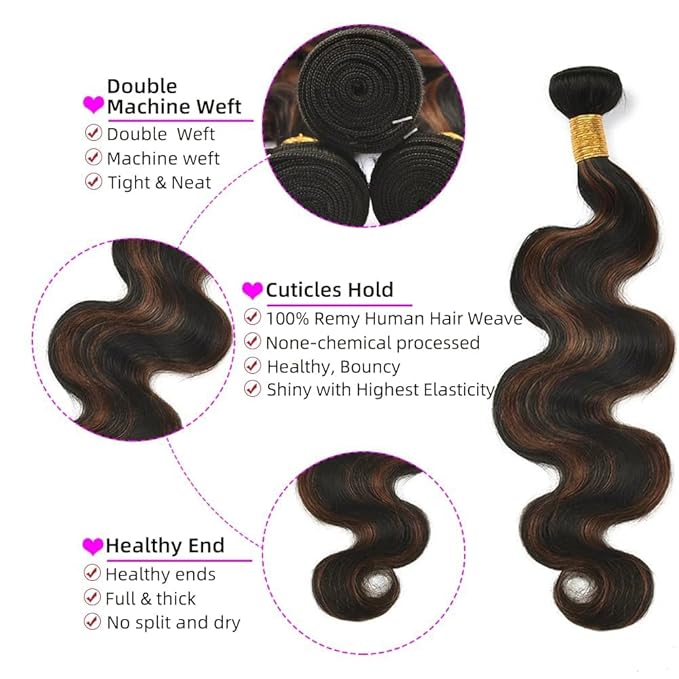 Brown With Highlight P1B30 Body Wave Bundles 1B and Light Brown Body Wave Bundles two tone Brazilian Hair Extensions Soft and Silky for Women 14 16 18 Inch