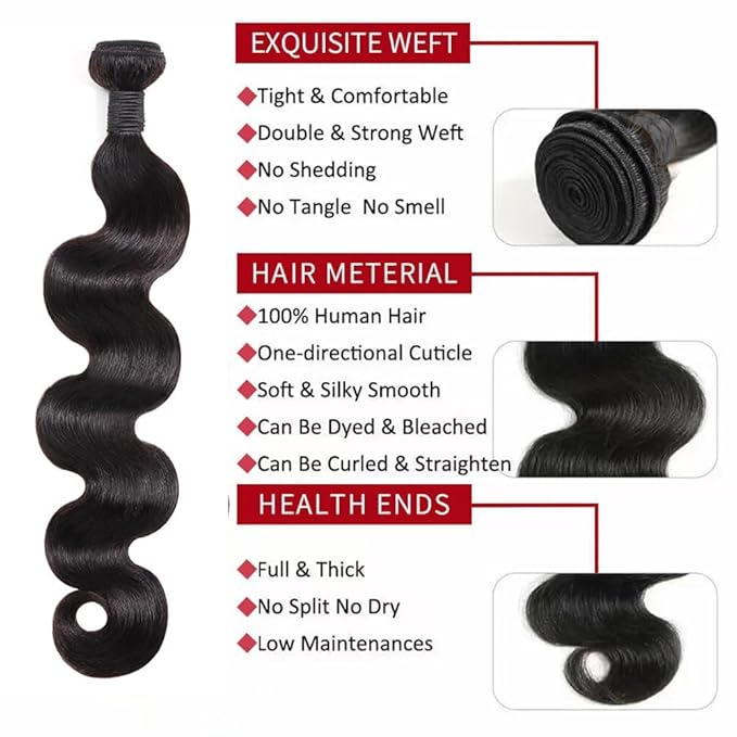 Body Wave Human Hair 4 Bundles (24 24 26 26) Unprocessed Brazilian Virgin Human Hair Extensions Brazilian Body Wave Weave Bundles Soft and Silky Natural Black Wavy Hair Quick Weave Bundle for Women