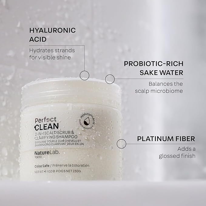 NatureLab.TOKYO Perfect Clean 2-in-1 Scalp Scrub & Clarifying Shampoo | Exfoliating Sugar Crystals with Probiotic Sake Water & Hyaluronic Acid for Deep Scalp Cleanse, Shine, & Hydration – 8.1 oz