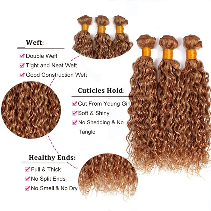 30 30 30 Inch Honey Blonde Bundles Human Hair Brown Water Wave Bundles Double Weft Huxowax Virgin Soft And Silky Remy Hair Extensions