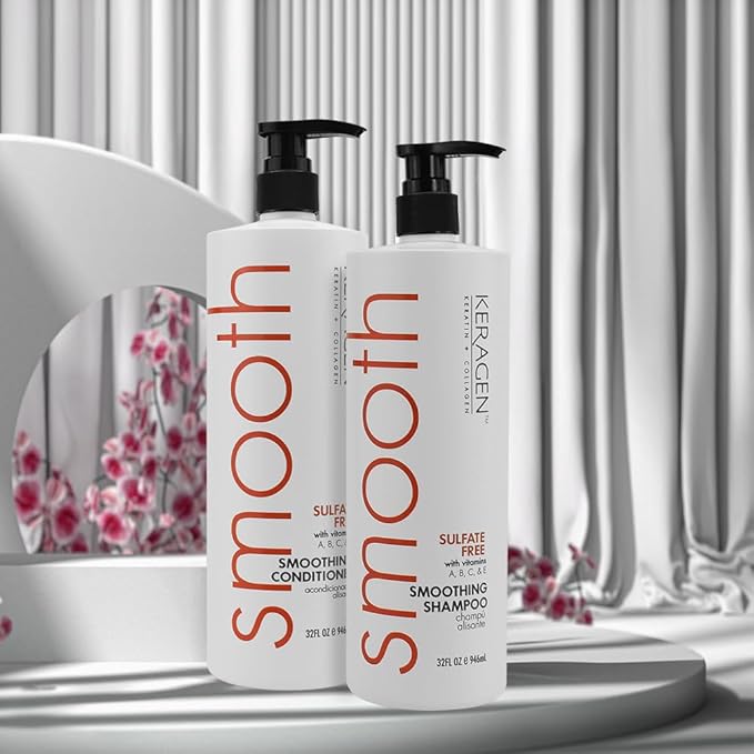 Keragen - Smoothing Shampoo and Conditioner with Keratin and Collagen for All Hair Types, Sulfate Free, 32 Oz - Moisturizes, Strengthens, Protects Color and Repair - Panthenol