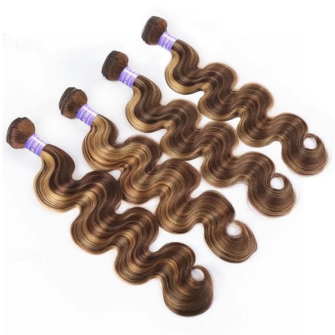 4/27 Body Wave Bundles Honey Blonde Human Hair Bundles Ombre Highlight 24 26 28 30 Inches Silky and Soft Hair Weft Brazilian Virgin Remy Hair Weave Piano Color for Black Women