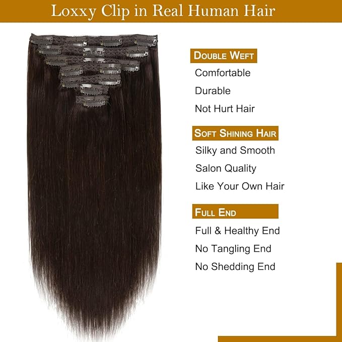 Loxxy Clip in Extensions Human Hair Dark Brown Hair Extensions 9A Grade Remy Human Hair Clip in Clip Hair Extensions Double Weft Color #2 18Inch 120g