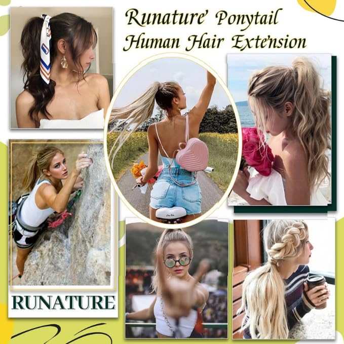 RUNATURE Ponytail Extension Real Human Hair, Blonde Highlight Human Hair Ponytail for Women, Wrap Around Hairpiece with Magic Paste, 12 Inch 70g #16P24 Golden Blonde Highlights