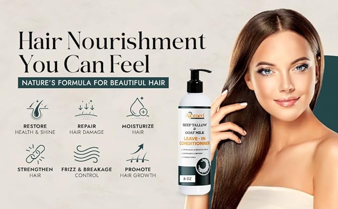 Beef tallow & Goat milk Leave-In Conditioner| Handmade hair Detangler- Anti-Frizz dreadlock moisturizer-Split End Moisturizing Hair Care for Dry, Damaged Hair Moisturizing Curl Primer (8 Fl Oz)